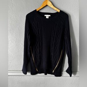 CAbi Navy Cable Knit Sweater with Gold Zipper Details Size M